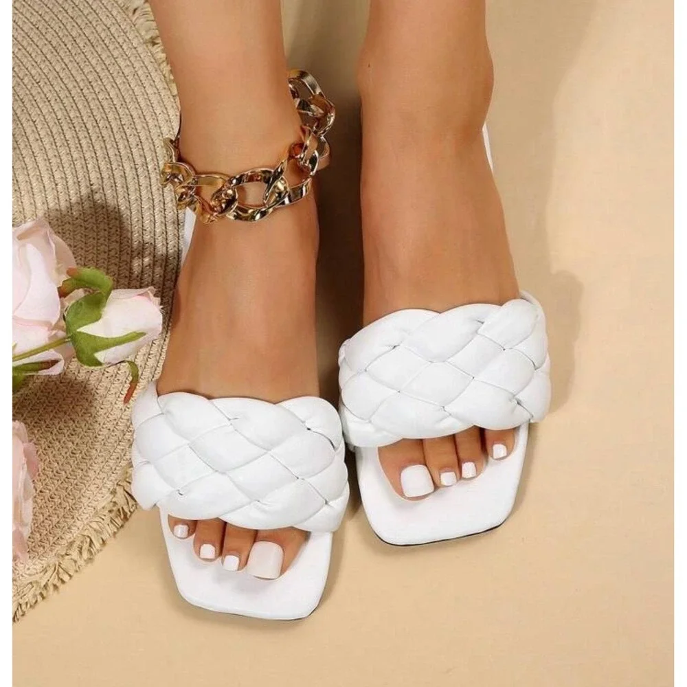 White Braided Square Toe Slide Sandals Flat Woven Strap Summer Shoes